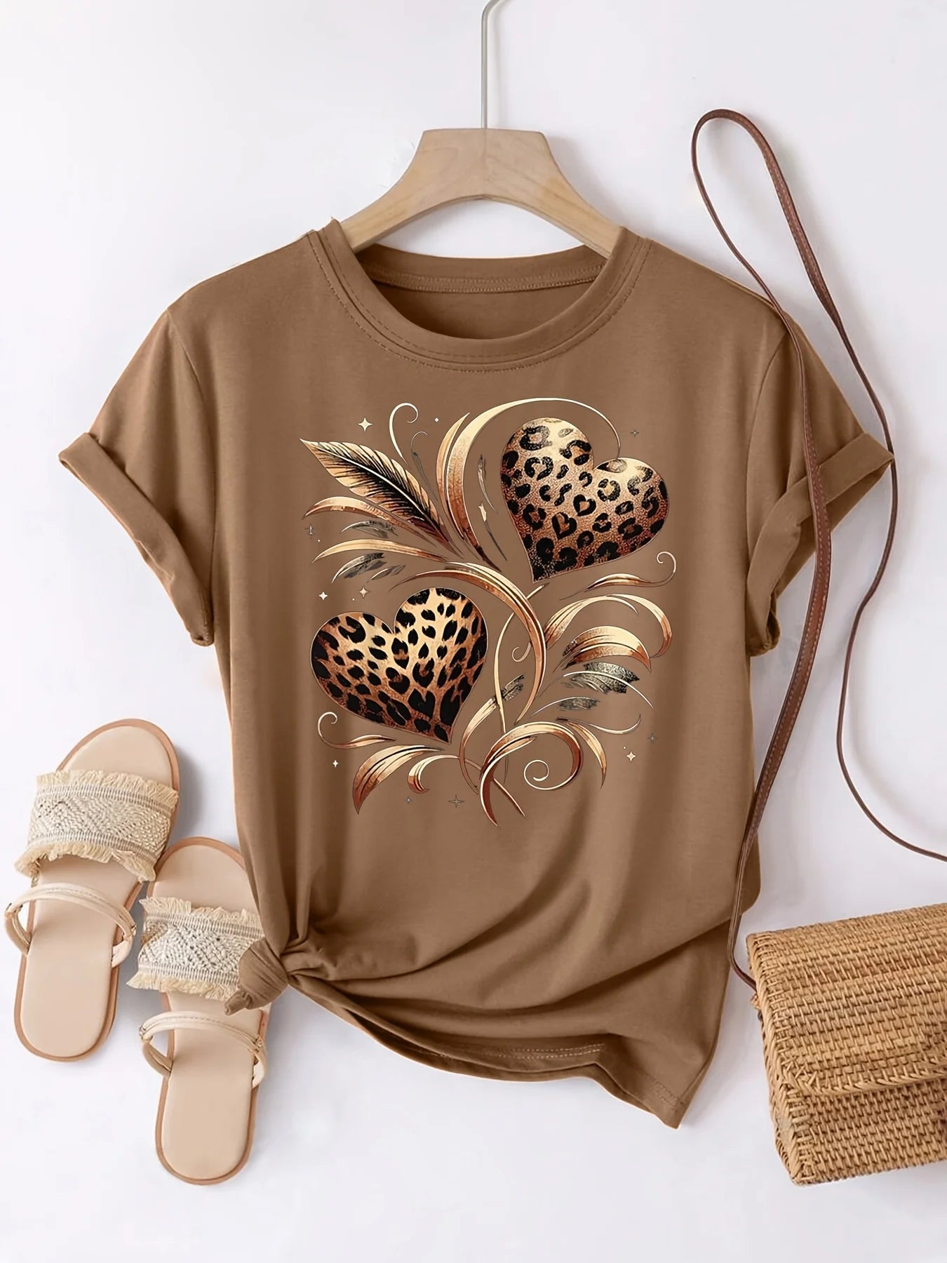 Leopard Print Hearts Women's Tee - Gold Graphic, Casual Black Top
