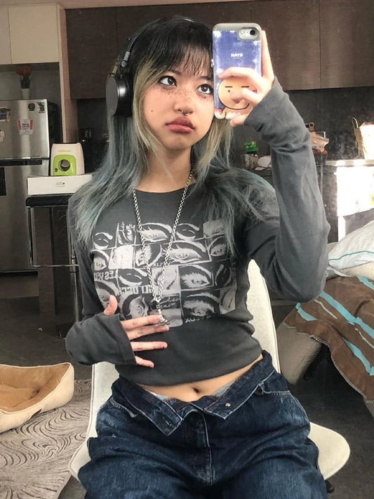 Women retro Eyes Print Tops Fairy Grunge