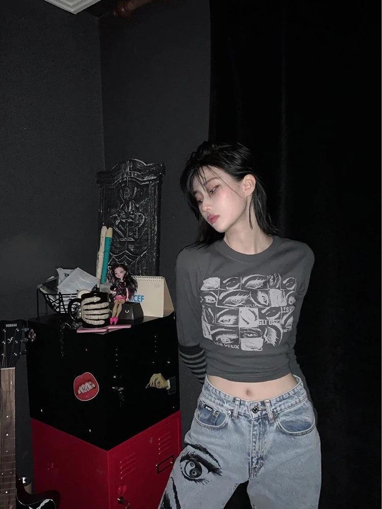Women retro Eyes Print Tops Fairy Grunge