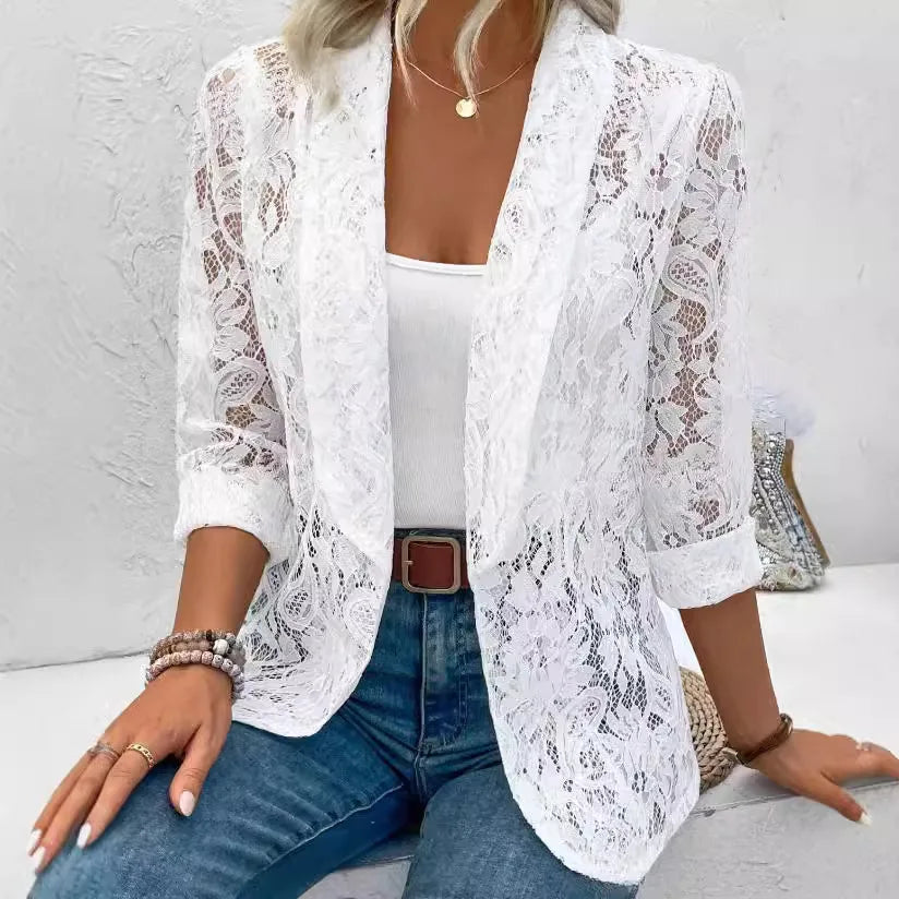 Women's Black White Lace Jacket Elegant Lightweight Coat