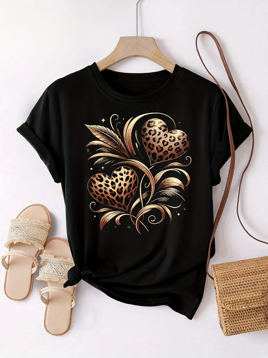 Leopard Print Hearts Women's Tee - Gold Graphic, Casual Black Top