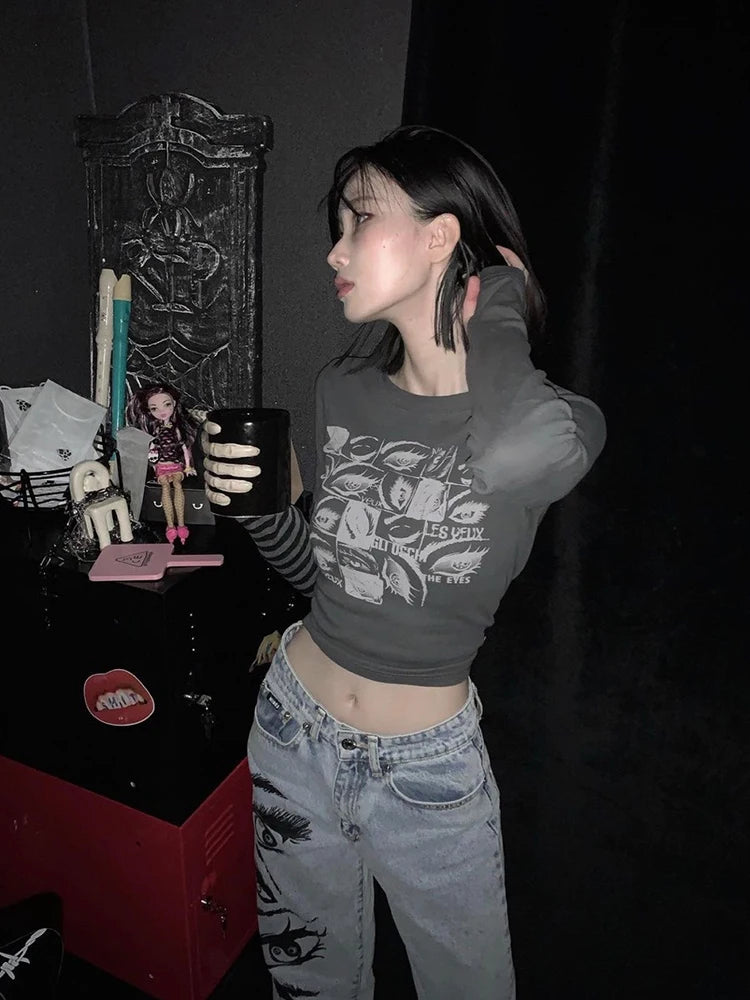Women retro Eyes Print Tops Fairy Grunge