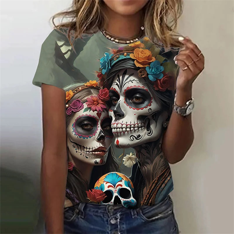 3D Printed Sexy Girls T Shirt For Women Horror Undead Skull Pattern